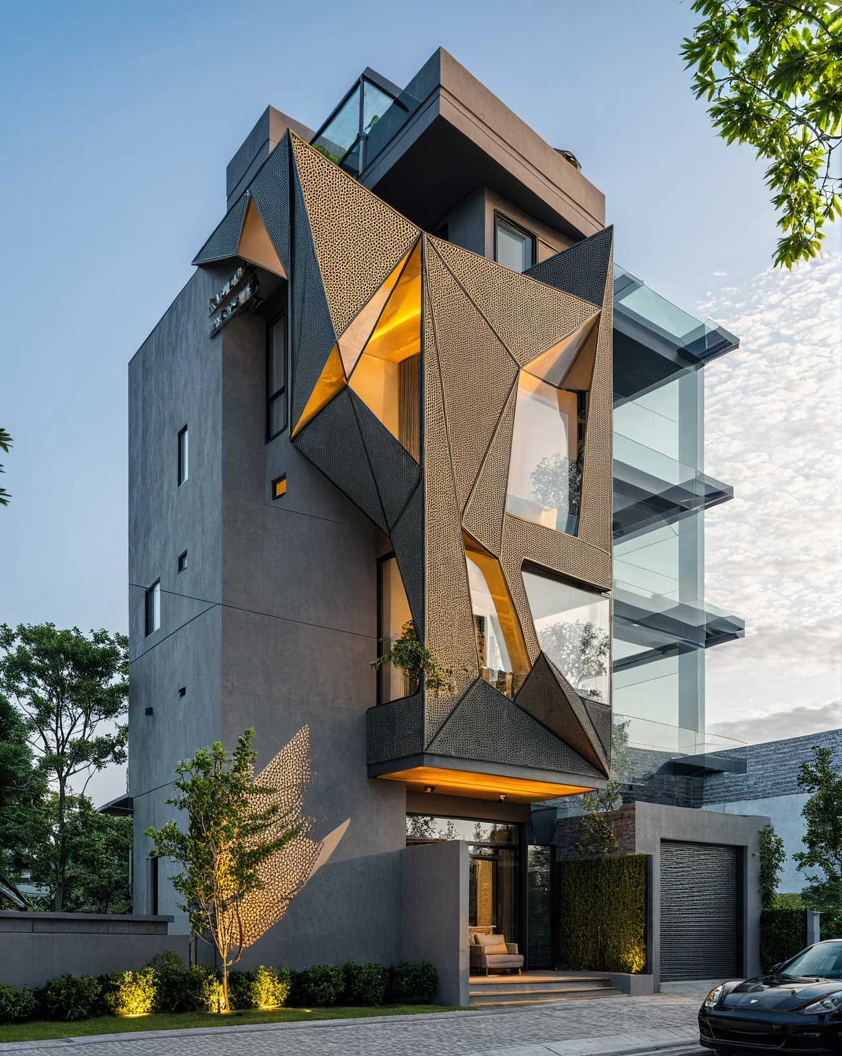 Masterpiece, high quality, best quality, authentic, super detailed, outdoor, 4-storey townhouse, aiaigroup, modern house style on the street, stairs, gray wall, facade perforated aluminum panels bronze color, led light, road, sidewalk, grass, trees, sky, clouds, (daylight: 1.1)