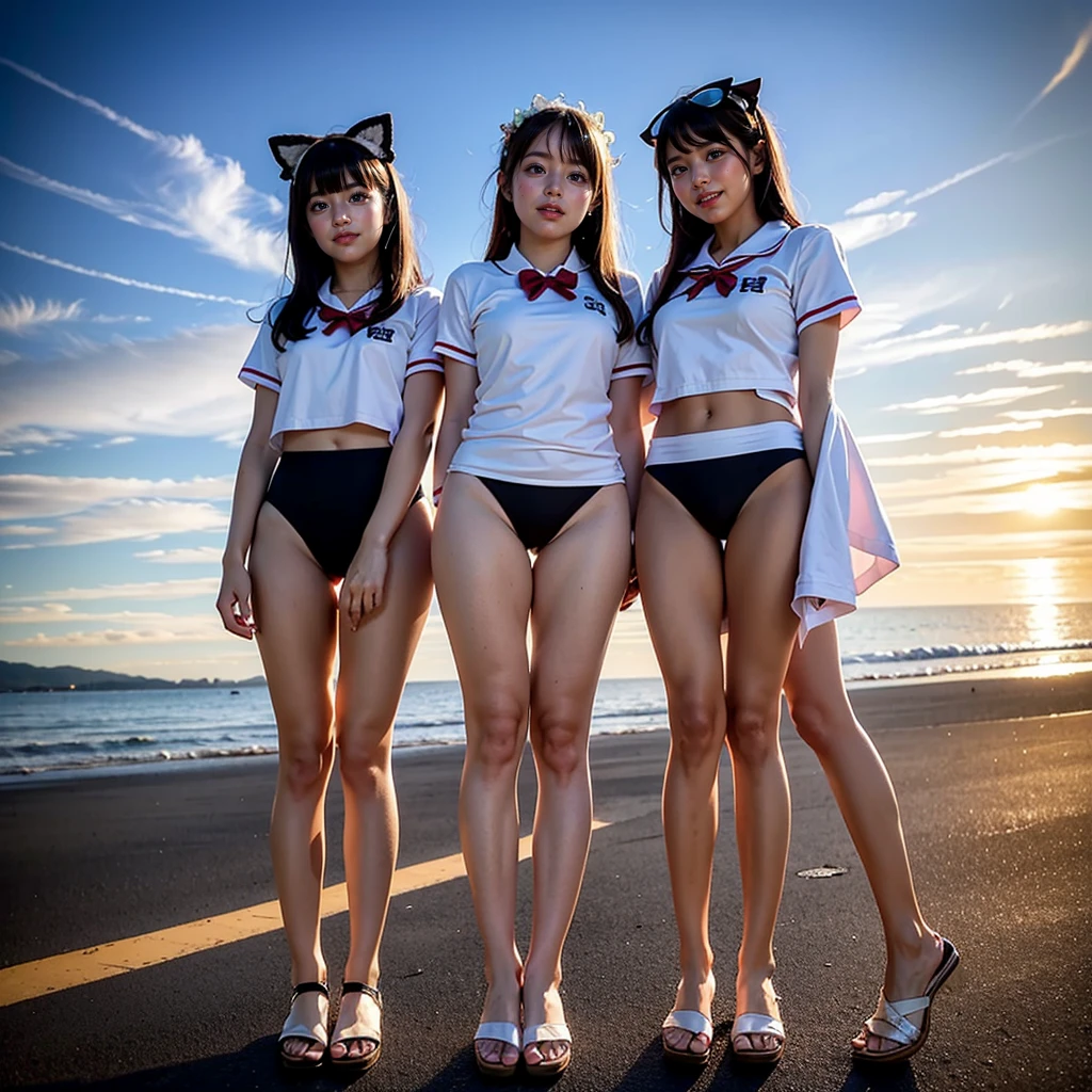 ((ExtremelyDetailed (12 PUNIPUNI KAWAII Girls in a row:1.37) in WHITE at Dusk Enoshima Beach)), (masterpiece 8K TopQuality) (ProfessionalPhoto:1.37), {(Standing Full Body:1.2)|(from below:1.2)}, Different types of hair colors, {Tight skinny((school swimwear))Ass visible through thighs|SchoolUniform[with Thongs]}, {Detailed Like hand|Hidden hand|armpit peek|DAKINAKURA}, Joyful Expressions LifeLike Rendering, PerfectLighting, [RainbowColorHorizon]