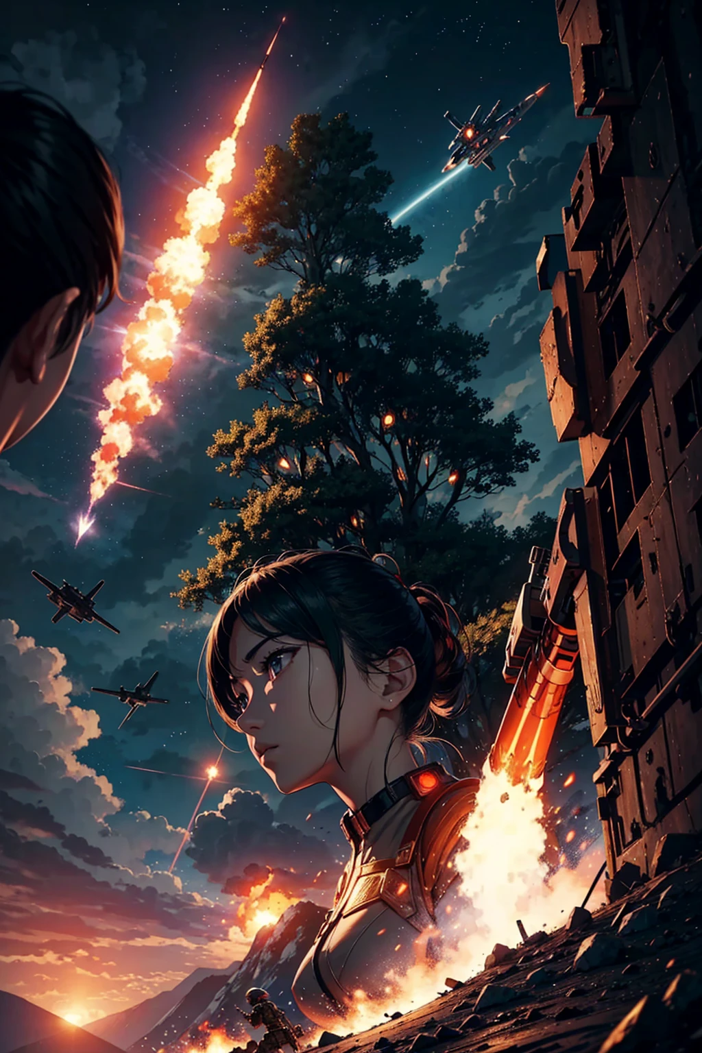 War, hero, A female warrior from the waist up looking straight ahead, future, flame, spaceship floating in the sky, missile, propeller, dozens of soldiers with weapons, future의 도시, Fourth Dimension