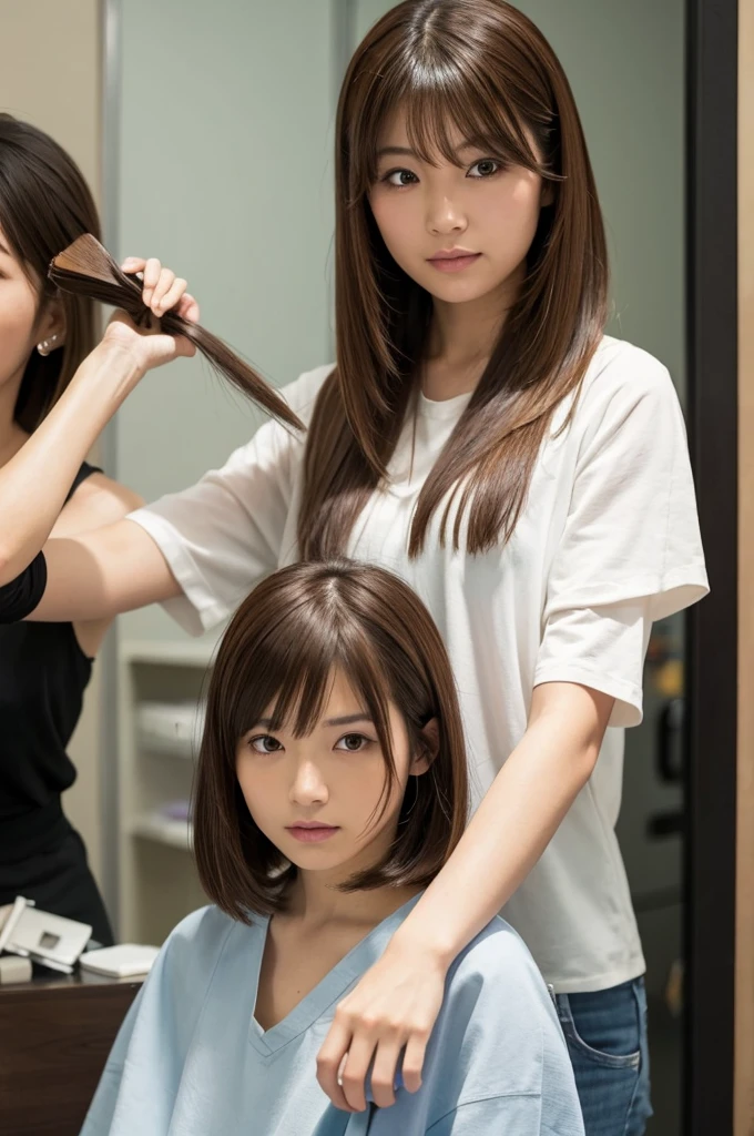 Cool brown haired Japanese woman with a hairdresser