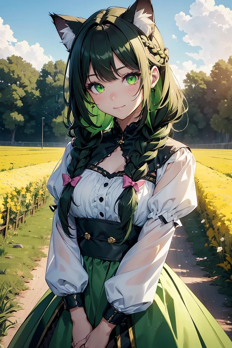 ((Cat ears girl)), Trending clothes,Soft and fluffy, Flower Field, Yellow Plains, Cowboy Shot,((Very detailed,Highest quality, High resolution, 8k wallpaper, Beautiful clothes,)),((Black Hair, Medium Hair, Loose Curly Hair, Braided hair)) , (bright yellow-green eyes), (teeth), Grinning face, eye shadow, eyeliner,Glowing Eyes, Very detailedな目, Sharp eyes, Beautiful Eyes, ((Glowing green eyes)),18-year-old girl.