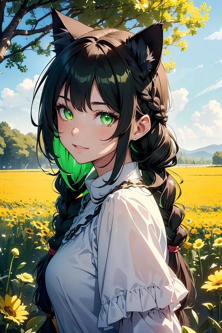 ((Cat ears girl)), Trending clothes,Soft and fluffy, Flower Field, Yellow Plains, Cowboy Shot,((Very detailed,Highest quality, High resolution, 8k wallpaper, Beautiful clothes,)),((Black Hair, Medium Hair, Loose Curly Hair, Braided hair)) , (bright yellow-green eyes), (teeth), Grinning face, eye shadow, eyeliner,Glowing Eyes, Very detailedな目, Sharp eyes, Beautiful Eyes, ((Glowing green eyes)),18-year-old girl.