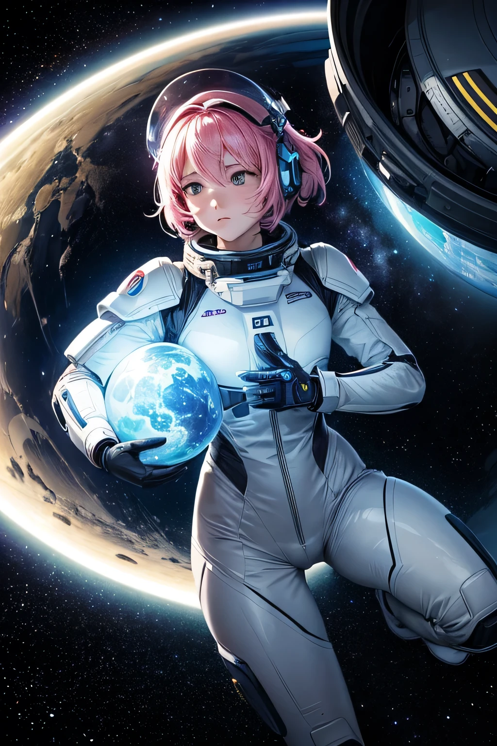 Context and Background: The image shows a space scene with deep space background, including stars and galaxy. The background includes the planet Saturn with its rings visible, located right behind the character. Do not include planet earth. Main character: The character is a female astronaut floating in space. She wears a futuristic space suit of mostly blue tones with turquoise and pink details.. The suit has a tight and streamlined design, with various lights and integrated technological elements. Suit Details: The suit has reinforcements and protective plates in key areas such as the shoulders, elbows, knees and shins. There are several bright blue luminous accents throughout the suit, especially in the joints and boots. Has a belt with several compartments and tools. Accessories and Additional Elements: The character is wearing a transparent space helmet, which allows you to see a little of her face and her pink hair floating inside the helmet. Expression and Position: The woman has pink hair, loose and floating inside the helmet, suggesting it is in a microgravity environment. His facial expression is serene, With eyes closed, giving a feeling of calm and contemplation. His posture is relaxed, with one leg slightly bent and the other extended, as if floating gently in space. Artistic Elements: The art has a detailed and realistic style with a touch of science fiction. The lighting and reflections on the suit and helmet are well done, providing a sense of three-dimensionality. The presence of Saturn at the bottom adds depth to the scene, highlighting the vastness of space.