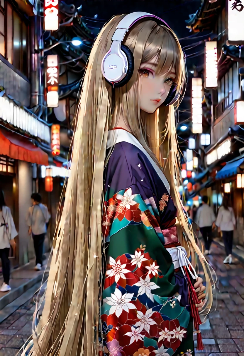 Beautiful straight super long hair The front hair is even She is wearing a beautiful short kimono listening to music with white headphones Wearing thick-soled sneakers Walking through the city at night, staring straight at me Straight Eyes