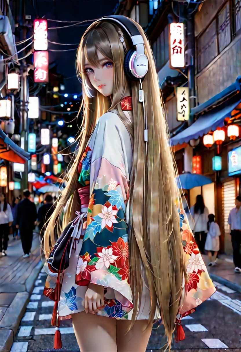 Beautiful straight super long hair　The front hair is even　She is wearing a beautiful short kimono　listening to music with white headphones　Wearing thick-soled sneakers　Walking through the city at night, staring straight at me　Straight Eyes