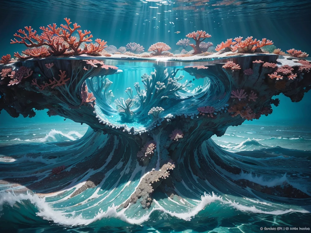 The swirling patterns of water waves cascade over vibrant coral reefs, creating a mesmerizing underwater landscape. This stunning image, whether captured in a photograph or expertly painted, depicts the intricate beauty of marine surfaces in intricate detail. The crystal-clear waters reveal a myriad of colors and textures, from the delicate corals to the shimmering sunlight dancing on the waves. Each element is captured with precision and vividness, immersing viewers in the awe-inspiring world beneath the sea.