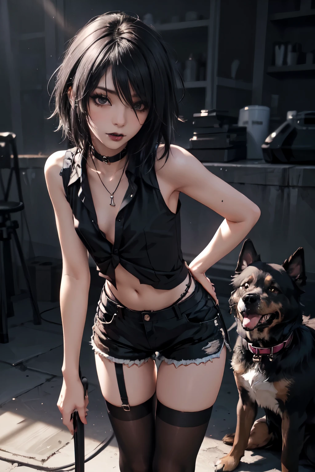 1 girl, woman, emo_hairstyle, black lipstick, Dog collar, eyeliner, eyeshadows, Smoky eyes, Realistic lighting, shorth hair, flat chested, sleeveless silk shirt, enge Shorts, black hold-up stockings, stand up.