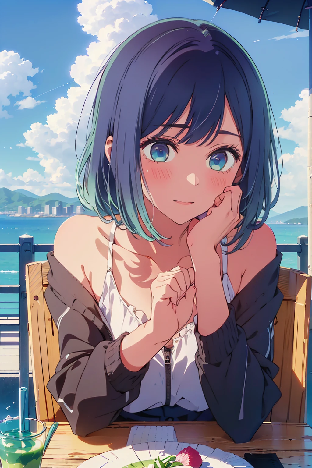 (Highest quality:1.4、8K:1.4、detailed)、F cup bust、Big Breasts、Slim body、Very white beautiful skin、((((1 person、Surprised expression、sit、Chair、In the background are the urban buildings of Tokyo、looking at the camera、Outdoor café terrace、Navy hair color、juice、table、Very cute face))))、((((nude、Areola))))、(Touching cheeks with both hands pose:1.4、Cheek resting on hand:1.4)、Off-the-shoulder black blouson with zipper、Very blue sky、A completely cloudless sky