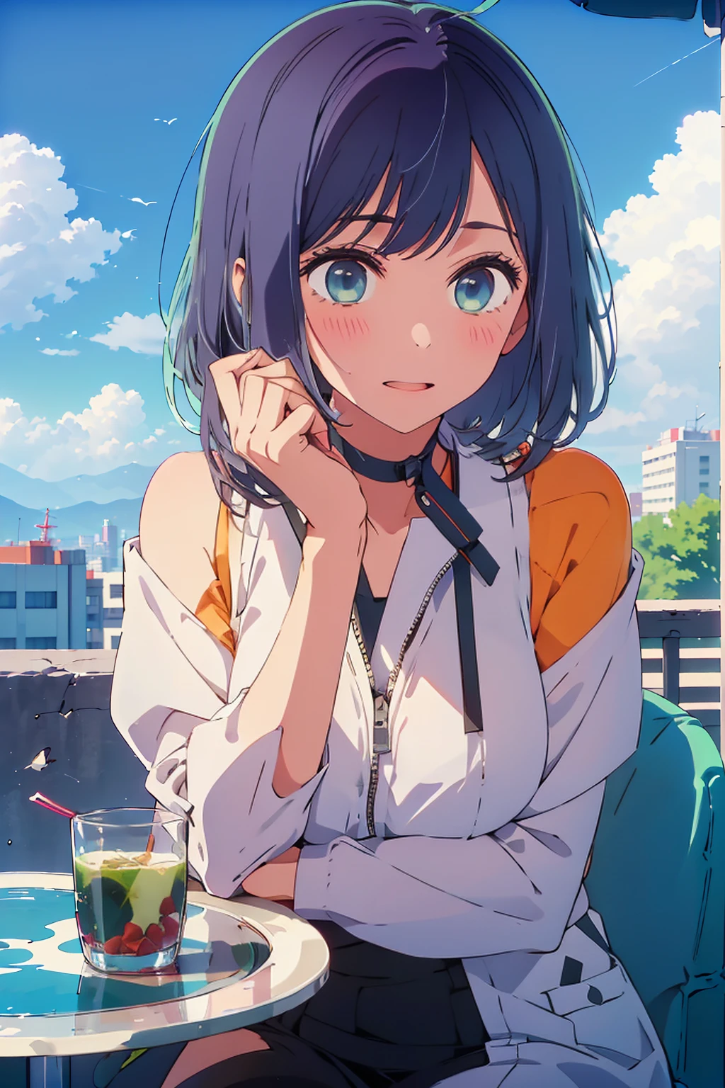 (Highest quality:1.4、8K:1.4、detailed)、F cup bust、Big Breasts、Slim body、Very white beautiful skin、((((1 person、Surprised expression、sit、Chair、In the background are the urban buildings of Tokyo、looking at the camera、Outdoor café terrace、Navy hair color、juice、table、Very cute face))))、((((nude、Areola))))、(Touching cheeks with both hands pose:1.4、Cheek resting on hand:1.4)、Off-the-shoulder black blouson with zipper、Very blue sky、A completely cloudless sky
