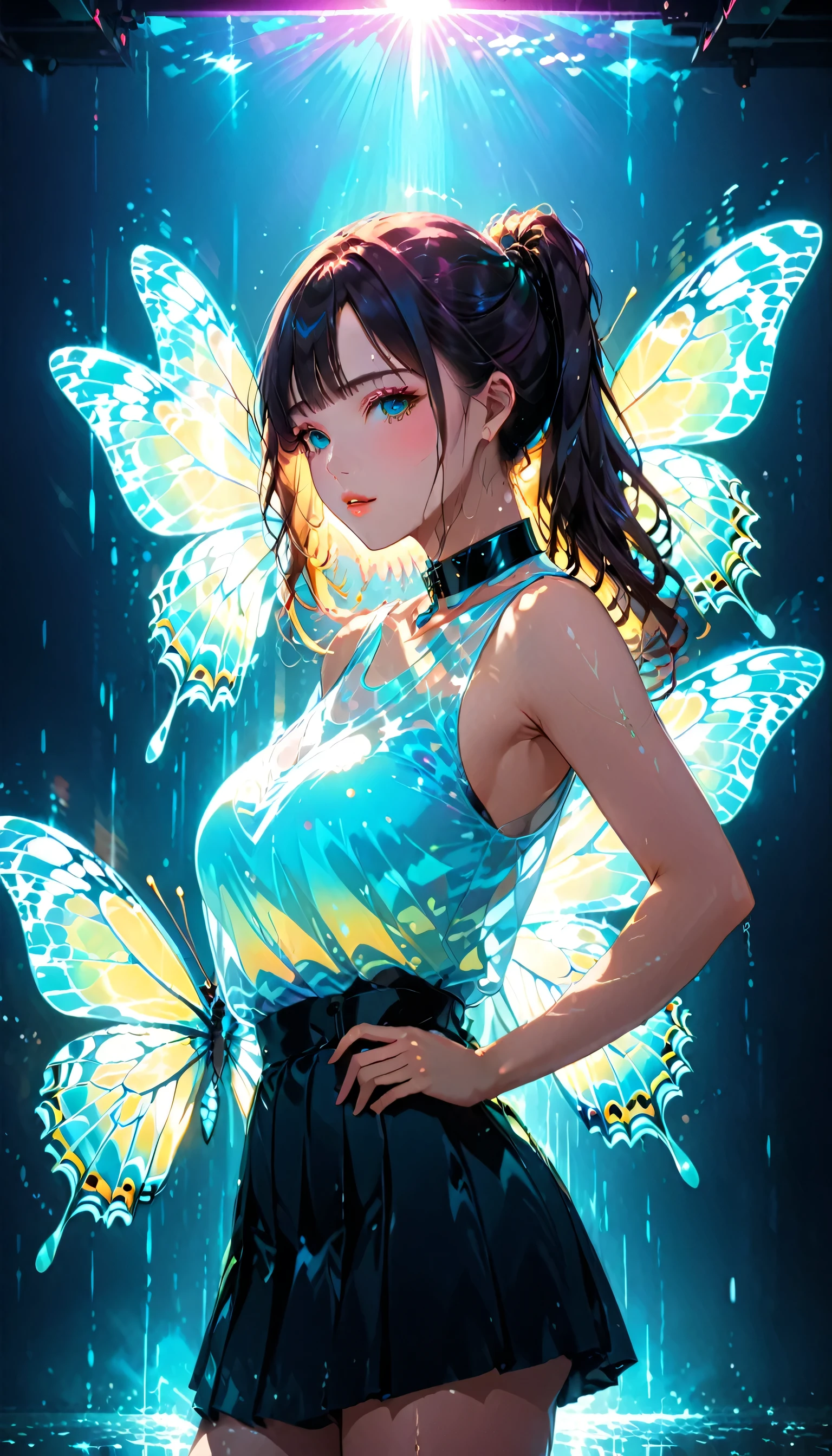(masterpiece,Highest quality,Ultra-high resolution),Japanese women, (((Very beautiful 25 year old girl))), pretty girl、Look at the photographer、 ((Sleeveless collar shirt)), Very cute face, Glossy Lips, Double eyelids on both eyes,Natural smile、 Natural Makeup, Long eyelashes, Shiny and smooth hair、Center image, Perfect limbs, Perfect Anatomy,(((Tight Skirt)))、(((Looking Back)),Wet with sweat,Beautiful ponytail、Large Breasts、 (Double exposure:1.4),1. A giant silhouette of a girl and light shining into the darkness,Thrilling footage released,Cyberpunk Vaporwave,Holographic Projection,(Pause,Dynamic Action:1.8),Fractal Art,Lighting Butterfly