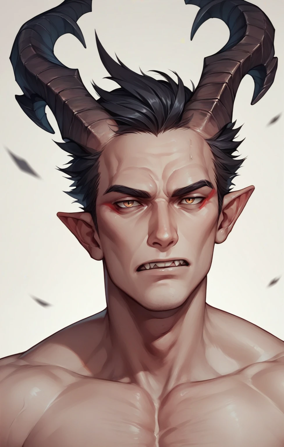 He stares at a point with a grim expression, folds his arms, and ponders.