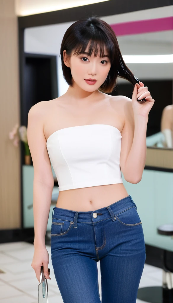 close-up of beautiful Hong Kong, Sisley Choi is a Hong Kong actress and model, age 25 years old girl, youthful face, white skin body, perfect body, shoulder length lob, black hair, straight hair, flat bangs hair, bust size 34 inches, wearing a tight plain light white strapless tube top, wearing a tight plain dark blue denim pants, Choi holding breasts with her own two hands is very sexy and sigh, Choi squeezes the breasts very seductively, I held my hair delicately, then I held the scissors in my right hand, then cut my hair and bangs using the scissor tool while sighing and sexy, strand after strand of Choi’s hair fell, pieces of Choi’s hair now filled the floor around where she was sitting, strand after strand of Choi’s hair fell down, pieces of Choi’s hair now filled the floor around where she was sitting, sexy looking pose, pose a naughty look, at a hair salon, hair salon background, UHD