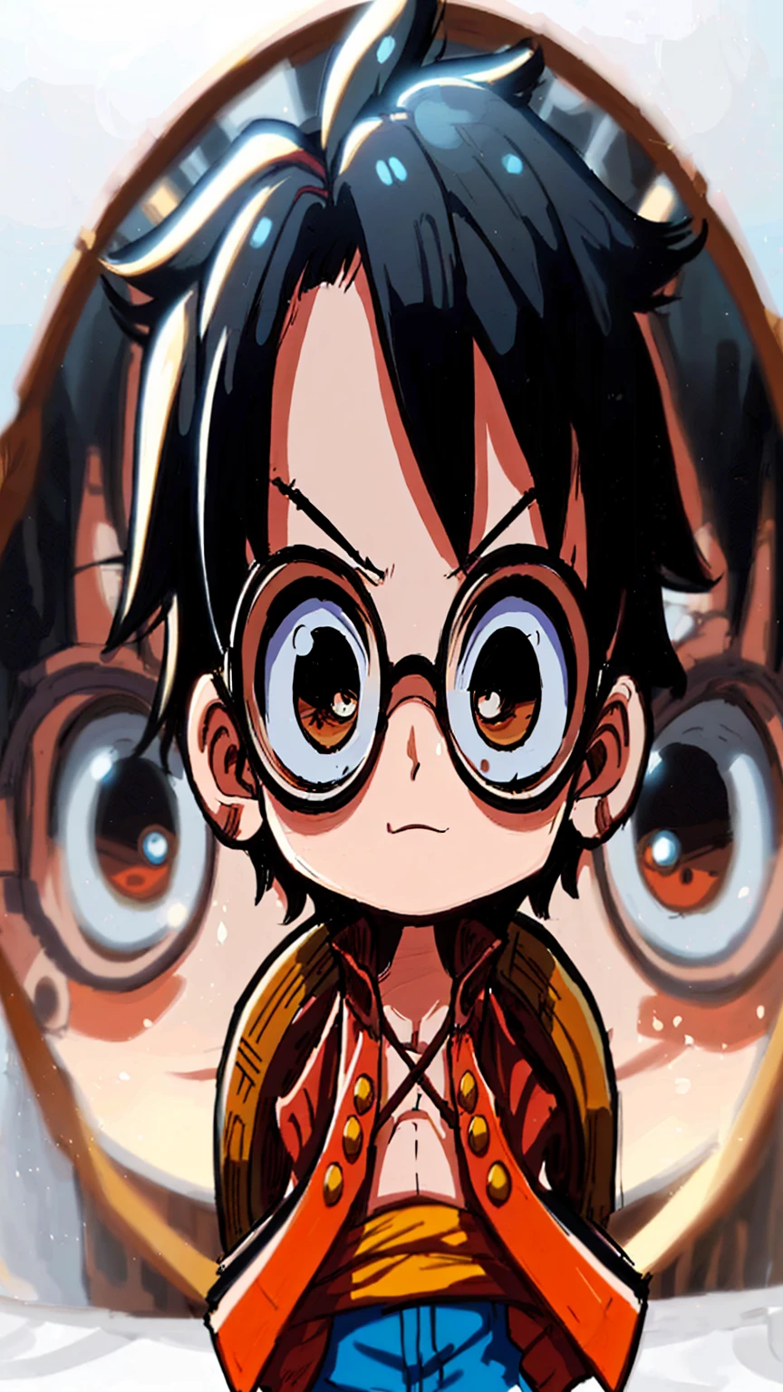 anime character with glasses and jacket on a plate, Luffy, monkey d. Luffy, monkey d Luffy, Luffy (one piece, portrait of Luffy from one piece, one piece artstyle, alien robot Luffy, Luffy from one piece, inspired by Eiichiro Oda, potter with round glasses, q posket, high quality fanart, octa 8k, one piece style