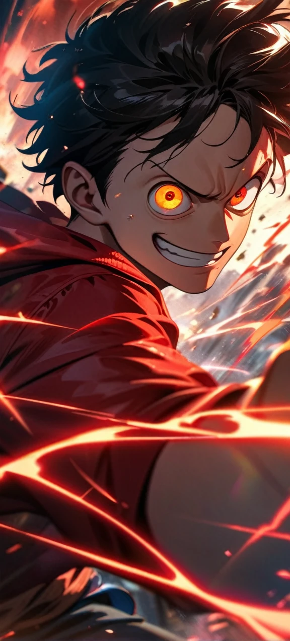 High quality, ,absurdres, highres, ultra detailed, HDR, masterpiece, extremely detailed face and eyes, Luffy , One Piece,, Black hair ,red shirt, solo, ,man, handsome, ,, Epic fight scene, red splashing effect,red lightning effect,glowing glitters , full effect, symetrical , close up
