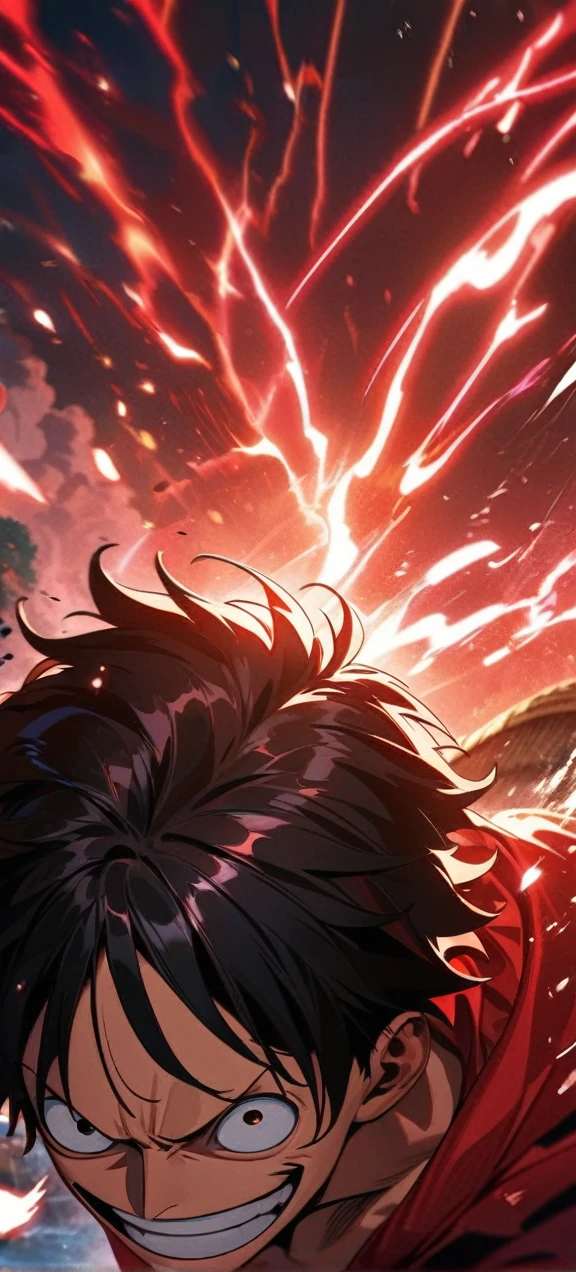  High quality, ,absurdres, highres, ultra detailed, HDR, masterpiece, extremely detailed face and eyes,  Luffy , One Piece,, Black hair ,red shirt, solo, ,man, handsome, ,, Epic fight scene, red splashing effect,red lightning  effect,glowing glitters , full effect, symetrical , close up