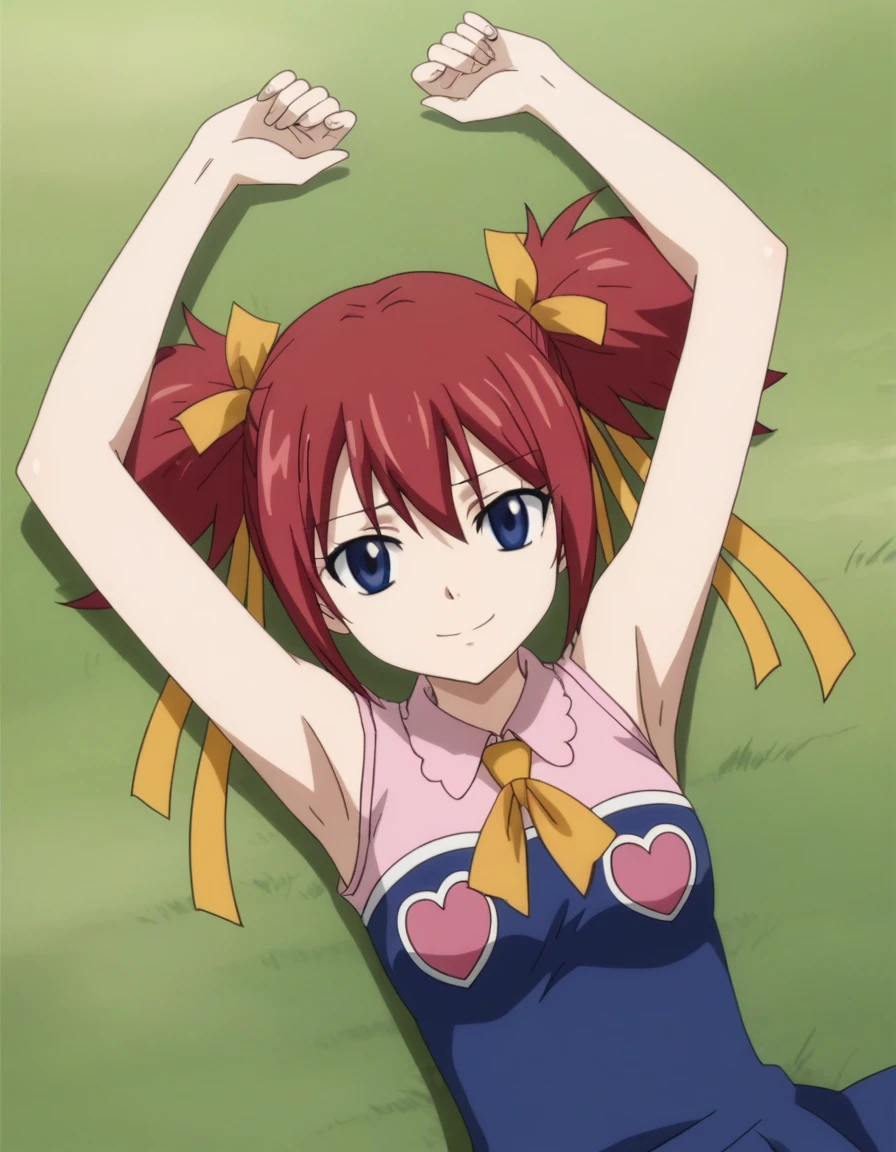 chelia_blendy, source_anime, rating_safe, intricate details, anime screencap, anime coloring, 1girl, solo, red hair, blue eyes, ribbon, hair ribbon, twintails, short twintails, looking at viewer, high quality, solo, lying, on back, arms up, spread arms, closed mouth, on grass, center, full body, looking at viewer, suggestive smile, best quality, spread legs,