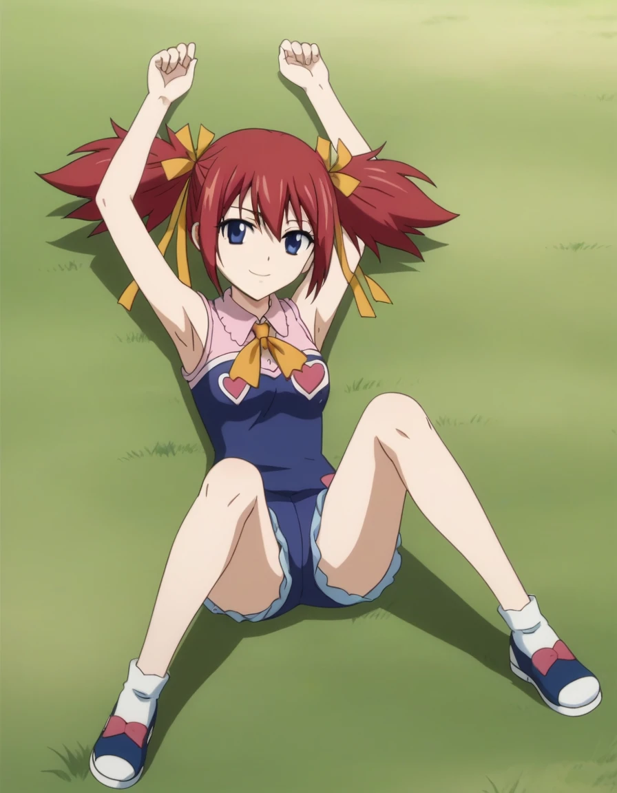 chelia_blendy, source_anime, rating_safe, intricate details, anime screencap, anime coloring, 1girl, solo, red hair, blue eyes, ribbon, hair ribbon, twintails, short twintails, looking at viewer, high quality, solo, lying, on back, arms up, spread arms, closed mouth, on grass, center, full body, looking at viewer, suggestive smile, best quality, spread legs,