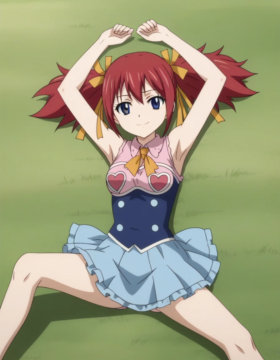 chelia_blendy, source_anime, rating_safe, intricate details, anime screencap, anime coloring, 1girl, solo, red hair, blue eyes, ribbon, hair ribbon, twintails, short twintails, looking at viewer, high quality, solo, lying, on back, arms up, spread arms, closed mouth, on grass, center, full body, looking at viewer, suggestive smile, best quality, spread legs,
