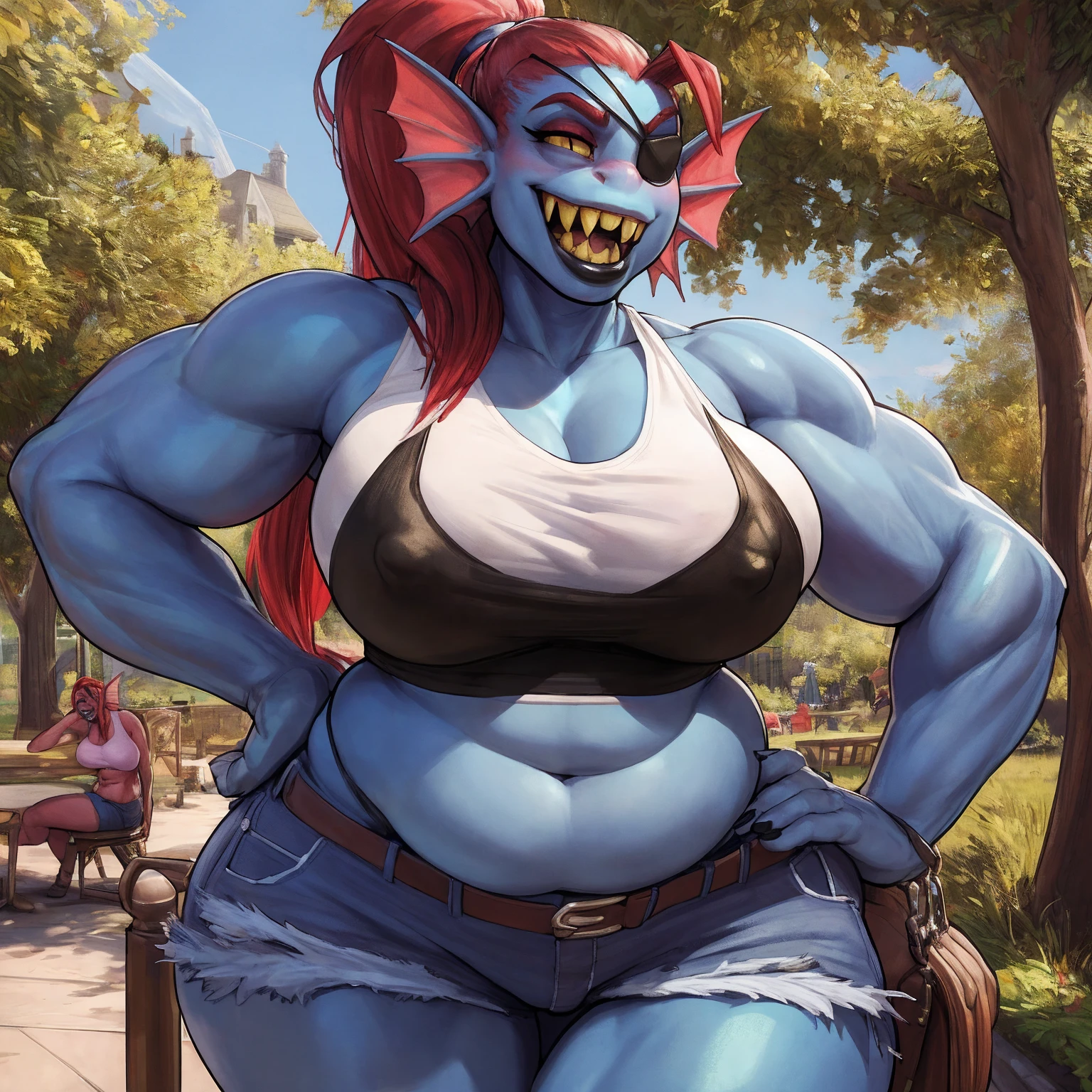 by darkgem, by duase, by bng, solo, 1girl, undyne, blue skin, red hair, huge teeth, yellow teeth, laughing, black eye patch, female, older woman, smooth body, chubby, broad shoulders, wide body, wide hips, thick thighs, big arms, heavy breasts, nipple outline, highly detailed eye, milf, tank top, (bare midriff:1.3), cleavage, large areolae, denim cutoffs, visible thong straps, Masterpiece, best quality, absurd res, highly detailed, cleanly drawn eyes, park environment, standing upright, big bottom lip, black lipstick, casual posture, hands on hips,