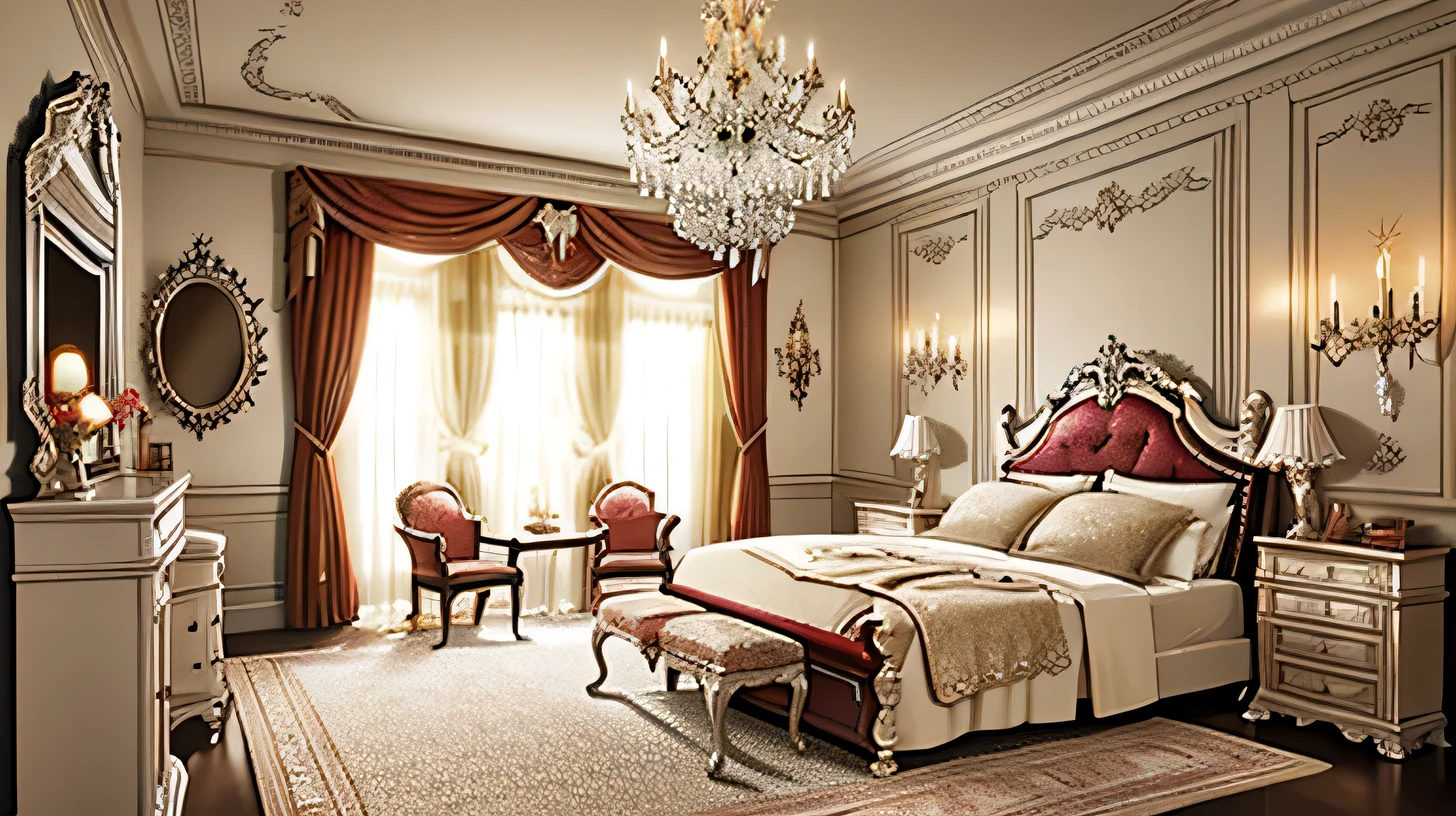 8K,Highest quality,photograph, Bedroom, Princess Bed, mirror,curtain, Hanging lamps, Decorations, carpet, fireplace,white,Versailles