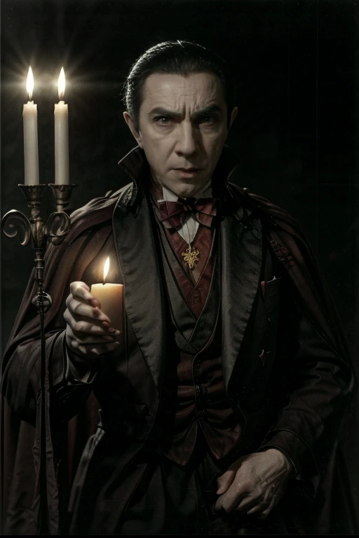 Art image of Bela Lugosi(Dracula) upper body,wearing white shirt bow tie gold maltese cross medal on red ribbon around neck,dark candle lit castle interior with flying bats background