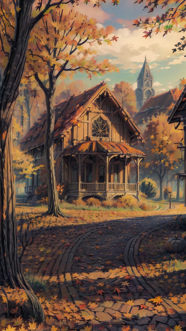 (autumn:1.6), Belo Horizonte, Park, bench, empty park, NOhumans, falling leaves, dark tones, buildings, old europe buildings, traditional english houses