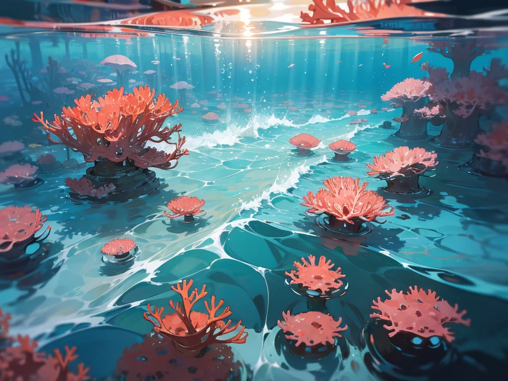 The swirling patterns of water waves cascade over vibrant coral reefs, creating a mesmerizing underwater landscape. This stunning image, whether captured in a photograph or expertly painted, depicts the intricate beauty of marine surfaces in intricate detail. The crystal-clear waters reveal a myriad of colors and textures, from the delicate corals to the shimmering sunlight dancing on the waves. Each element is captured with precision and vividness, immersing viewers in the awe-inspiring world beneath the sea.