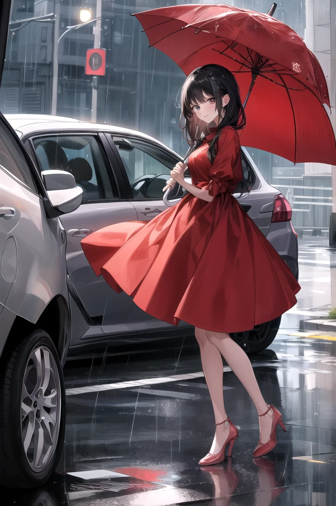 9.16 picture size, almost the place is full of building then it's raining
There is the beautiful girl leaning in her car wearing a red dress at the left while on the right is a handsome man holding an umbrella