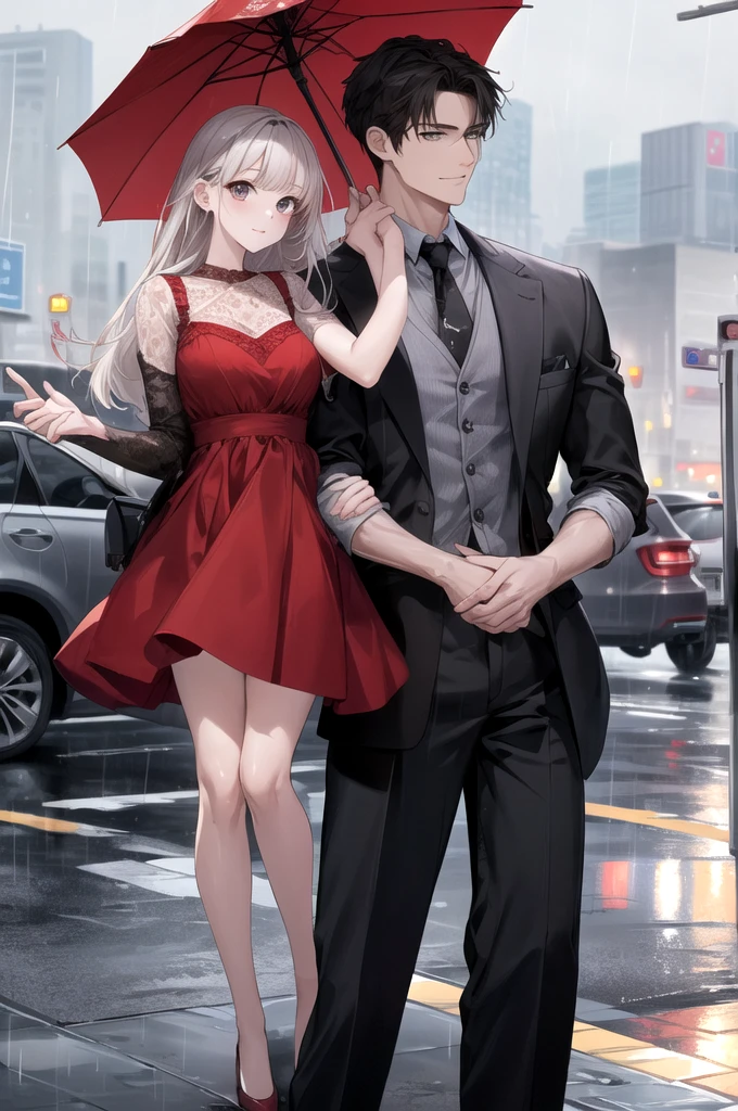 9.16 picture size, almost the place is full of building then it's raining 
There is the beautiful girl leaning in her car wearing a red dress at the left while on the right is a handsome man holding an umbrella 