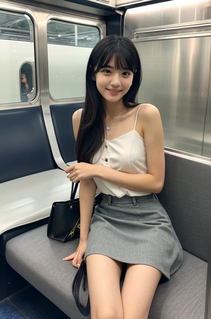 On the train, high school sophomore, sugar daddy, panties almost visible, ((full body)), ((photo)), ((best qualtiy, 8K, tmasterpiece:1.3)), Focus:1.2, perfect figure beautiful girl:1.4, 1girl, cowboy shot, look at viewer, eyes facing the camera, incredibly absurd, beautiful and cute girl with a photorealistic face, showcasing top-quality craftsmanship, Japanese girl sitting on a train seat late at night, 15 years old, long black hair, straight, see-through bangs, fair skin, large eyes with droopy eyes, jet black eyes, naturally thick eyebrows, long eyelashes, straight nose, thin lips, cute smile with upturned corners of the mouth, sunken cheeks, small face, average build, delicate, slender, long fingers, long limbs, long nails, beautiful D-cup breasts, pale pink sleeveless top, white flared skirt, delicate strap sandals, silver necklace, scarf around neck, small shoulder bag, beautiful girl, ladylike, neat, gentle, laid-back, shy, well-bred, August