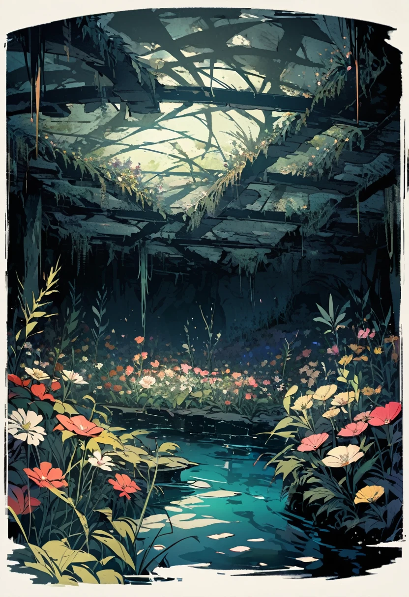 Underground flower field, flowers blooming in the dark, cavernous ceiling, tall weeds, water, dark, slate colors