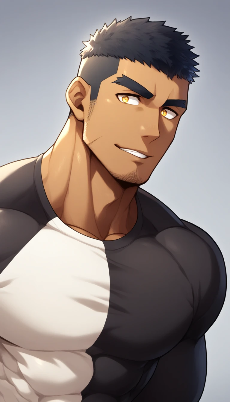 anime characters:Gyee, Muscle Sports Student, negro black skin, 1 dark skin muscular tough guy, Manliness, male focus, Light yellow high collar long sleeve tight T-shirt, Slightly transparent material, Very tight, Round, full and perky chest muscles, Slightly transparent, muscular male, muscular, only, Upper body, alone, Black short hair, Thick eyebrows, stubble, Yellow eyes, Grey background, simple background, amazing quality, best aesthetics, Ridiculous, bright pupils, crew cut, parted lips, seductive smile, torogao, naughty face, drop shadow, best quality