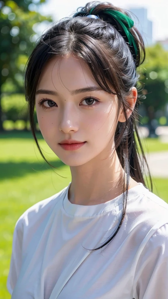 dress,outdoors,Urban Park,On the lawn,One woman,close up face,fully body photo,masutepiece, The highest image quality, High quality, the background is clear,Beautiful woman, Japanese, Detailed, Ultra-detailed, finely detail, hight resolution, 8K Wallpaper, Perfect dynamic composition, Beautiful detailed eyes ,Detailed eyes, Detailed skin, Beautiful skin, 超hight resolution, (reality: 1.4),Very beautiful woman, Slightly younger face, Beautiful skin, slender, (Ultra photo realsisim), (hight resolution), (8K), (Very detailed) (beautifully detailed eyes), (super detailed), (Detailed face), view the viewer, Fine details, Detailed face, Staring straight ahead, Staring straight ahead, photos realistic, Bright lighting, Professional Lighting, Black hair,poneyTail,a baby face,sixteen years old,Hairstyle: ponytail,Long ponytail hairstyle,slight smile,