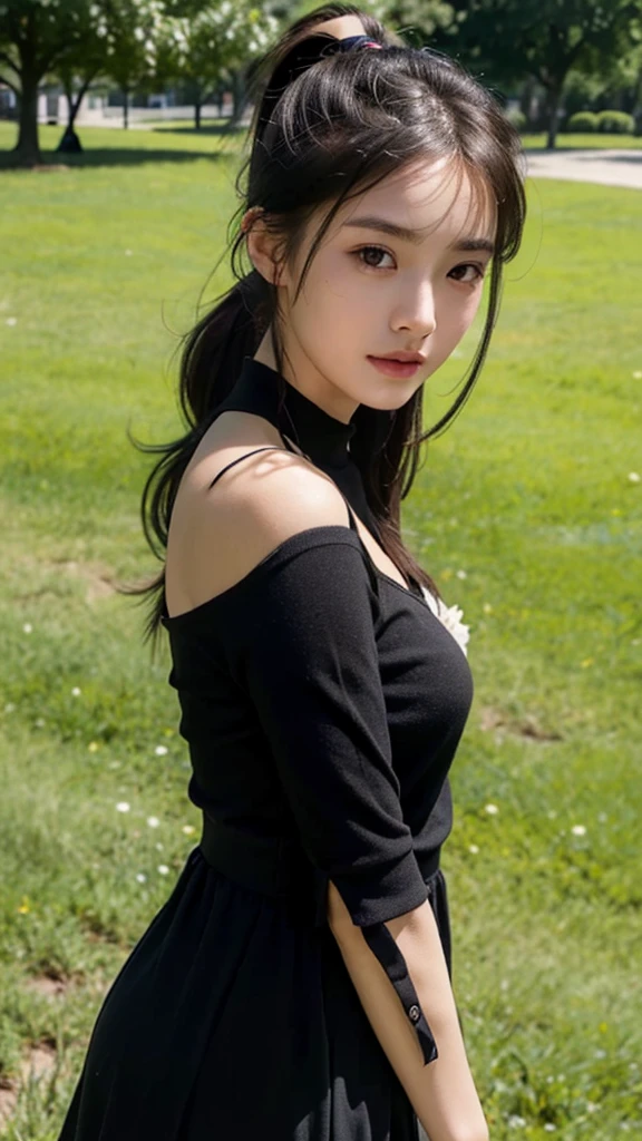 dress,outdoors,Urban Park,On the lawn,One woman,close up face,fully body photo,masutepiece, The highest image quality, High quality, the background is clear,Beautiful woman, Japanese, Detailed, Ultra-detailed, finely detail, hight resolution, 8K Wallpaper, Perfect dynamic composition, Beautiful detailed eyes ,Detailed eyes, Detailed skin, Beautiful skin, 超hight resolution, (reality: 1.4),Very beautiful woman, Slightly younger face, Beautiful skin, slender, (Ultra photo realsisim), (hight resolution), (8K), (Very detailed) (beautifully detailed eyes), (super detailed), (Detailed face), view the viewer, Fine details, Detailed face, Staring straight ahead, Staring straight ahead, photos realistic, Bright lighting, Professional Lighting, Black hair,poneyTail,a baby face,sixteen years old,Hairstyle: ponytail,Long ponytail hairstyle,slight smile,