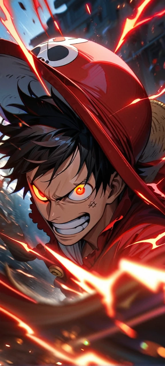  High quality, ,absurdres, highres, ultra detailed, HDR, masterpiece, extremely detailed face and eyes,  Luffy , One Piece,, Black hair ,red shirt, solo, ,man, handsome, ,, Epic fight scene, red splashing effect,red lightning  effect,glowing glitters , full effect, symetrical , close up