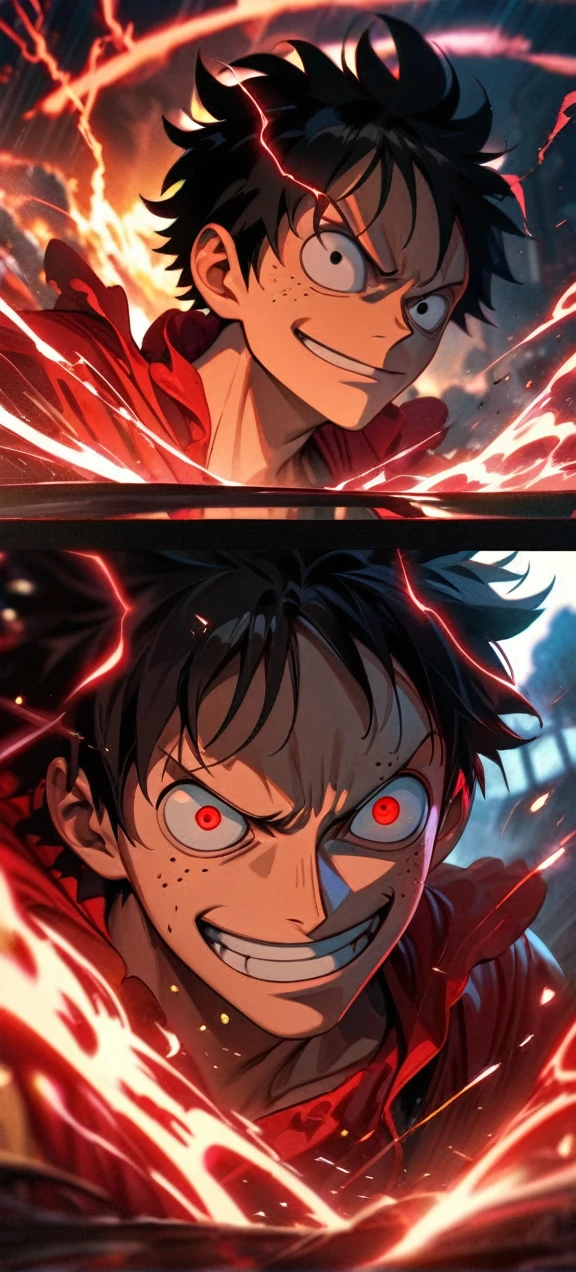 High quality, ,absurdres, highres, ultra detailed, HDR, masterpiece, extremely detailed face and eyes, Luffy , One Piece,, Black hair ,red shirt, solo, ,man, handsome, ,, Epic fight scene, red splashing effect,red lightning effect,glowing glitters , full effect, symetrical , close up