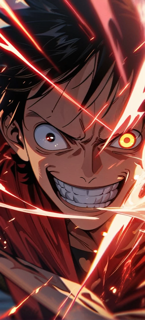 High quality, ,absurdres, highres, ultra detailed, HDR, masterpiece, extremely detailed face and eyes, Luffy , One Piece,, Black hair ,red shirt, solo, ,man, handsome, ,, Epic fight scene, red splashing effect,red lightning effect,glowing glitters , full effect, symetrical , close up