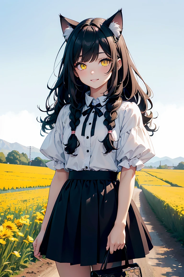 ((Cat ears girl)), Trending clothes,Soft and fluffy, Flower Field, Yellow Plains, Cowboy Shot,((Very detailed,Highest quality, High resolution, 8k wallpaper, Beautiful clothes,)),((Black Hair, Medium Hair, Loose Curly Hair, Braided hair)) , (bright yellow-green eyes), (teeth), Grinning face, eye shadow, eyeliner,Glowing Eyes, Very detailedな目, Sharp eyes, Beautiful Eyes, ((Glowing yellow eyes)),18-year-old girl.