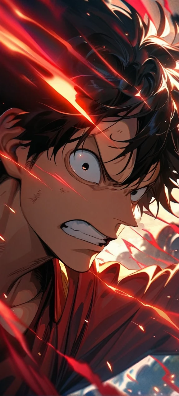  High quality, ,absurdres, highres, ultra detailed, HDR, masterpiece, extremely detailed face and eyes,  Luffy , One Piece,, Black hair ,red shirt, solo, ,man, handsome, ,, Epic fight scene, red splashing effect,red lightning  effect,glowing glitters , full effect, symetrical , close up