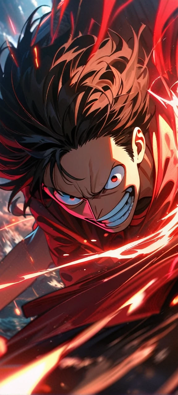 High quality, ,absurdres, highres, ultra detailed, HDR, masterpiece, extremely detailed face and eyes, Luffy , One Piece,, Black hair ,red shirt, solo, ,man, handsome, ,, Epic fight scene, red splashing effect,red lightning effect,glowing glitters , full effect, symetrical , close up