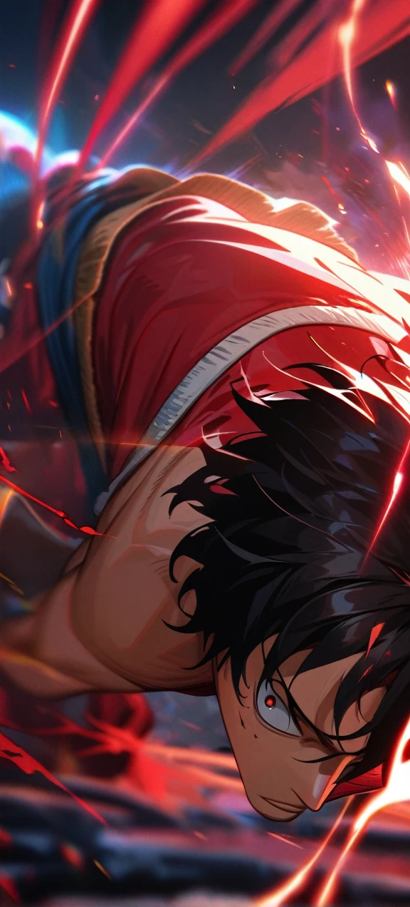 High quality, ,absurdres, highres, ultra detailed, HDR, masterpiece, extremely detailed face and eyes, Luffy , One Piece,, Black hair ,red shirt, solo, ,man, handsome, ,, Epic fight scene, red splashing effect,red lightning effect,glowing glitters , full effect, symetrical , close up