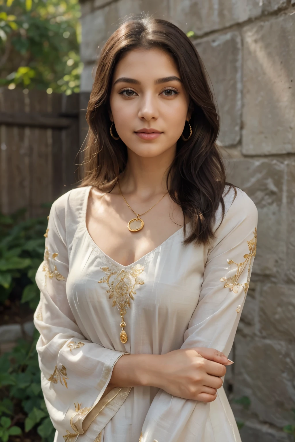 
"Create an image of a middle-aged woman standing outdoors in a serene, rural setting. The image should be captured with a DSLR camera using a 50mm lens, with an aperture of f/2.8 to achieve a shallow depth of field, keeping the woman in sharp focus while gently blurring the background. The lighting should be natural, coming from a slightly overcast sky, providing soft, diffused light that eliminates harsh shadows and enhances the colors.

**Facial Details:**
- **Skin:** Medium complexion with a smooth texture and natural wrinkles around the eyes and mouth, indicating her age and wisdom.
- **Eyes:** Almond-shaped, dark brown eyes with a calm, gentle gaze. The eyelashes are natural and moderately long.
- **Eyebrows:** Thin and naturally arched, framing the eyes elegantly.
- **Nose:** Straight and well-proportioned, fitting harmoniously with her other facial features.
- **Mouth:** Full lips painted with a subtle shade of pink lipstick, slightly parted in a warm, welcoming smile.
- **Bindi:** A small, round, red bindi in the center of her forehead, symbolizing cultural tradition.
- **Hair:** Neatly parted in the middle, tied back in a simple style, with visible gray strands indicating graceful aging.

**Attire:**
- **Top:** A traditional maroon kurta made from a light, flowing fabric. The kurta features intricate floral embroidery in white and gold around the neckline and on the sleeves.
- **Dupatta:** A navy blue dupatta draped over her right shoulder, adding a contrasting yet complementary color to her outfit.
- **Jewelry:** 
  - **Earrings:** Small gold earrings with a simple design.
  - **Necklace:** A delicate gold necklace with a subtle pendant.
  - **Bangles:** Multiple thin gold bangles on her right wrist.
  - **Watch:** A classic gold watch on her left wrist.
- **Hands:** Her hands are clasped in front of her, showcasing