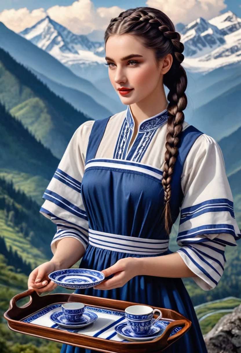 A girl with dark hair braided in long braids, dressed in beautiful adras flesh, holds in her hands a tray with dark blue tea utensils with white wavy stripes. The drawing is of very high quality, with sharp contours, clear edges, regular facial features, beautiful hands, a very high-resolution masterpiece, against the backdrop of a mountain landscape.