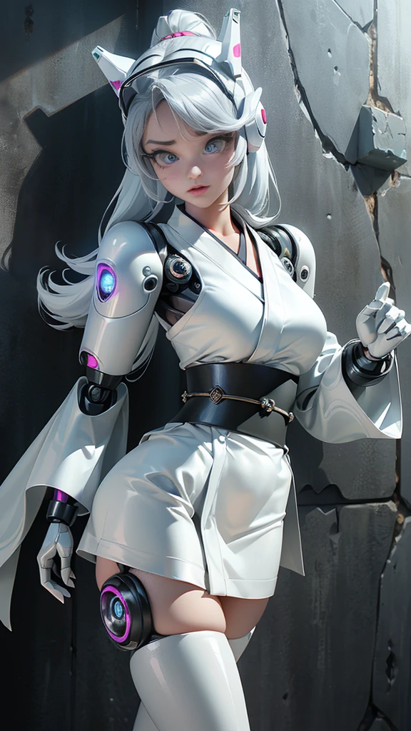 (La best quality,high resolution,Ultra Detailed,Practical),ariana grande (ariana grande) Robot Punk Kimono 、Big Ass、kneel, A 12-year-old girl，Focus on the buttocks、Red latex body...,Cyberpunk mode、Strike sexy poses、(White miniskirt trample robot kimono :1.4), (Lower body clothing、Breast enlargement、Neon lights in dark city at night...,Unreal Engine:1.4,HD,La best quality:1.4, Realistic:1.4, Texture:1.4, masterpiece:1.8,masterpiece, best quality,（Beautiful and detailed description of the eyes...）,( Neon blue robot),(Perfect anatomical structure),(Finger details :1.4 ),White Robot Latex Bodysuit,,( Perfect anatomical structure 2.1), (Metallic silver kawaii robot style :1.4), (Background alley wall big stone :1.4), (Solitary), (Battle White Kimono :1.6), (2050), 