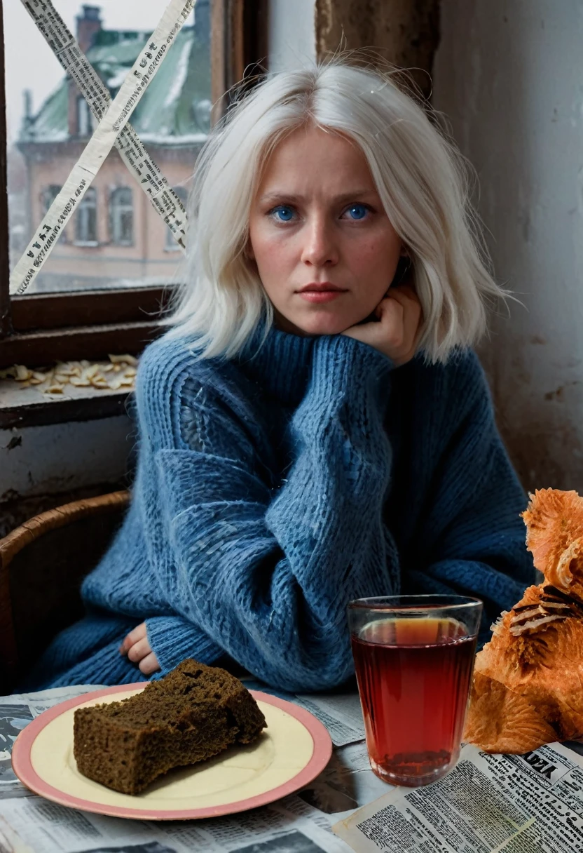 at the table sits a girl with white hair, in a large oversized jumper, in big blue eyes tears, on the table there is a glass with tea of cloudy colour, there is (((small crust of bread))), in the background ((window taped with newspaper tapes cross on cross)), war, the siege of Leningrad, hunger, siege bread, in the style of Dmitry Buchkin, Frolova Anastasia, Frolova-Bagreeva.