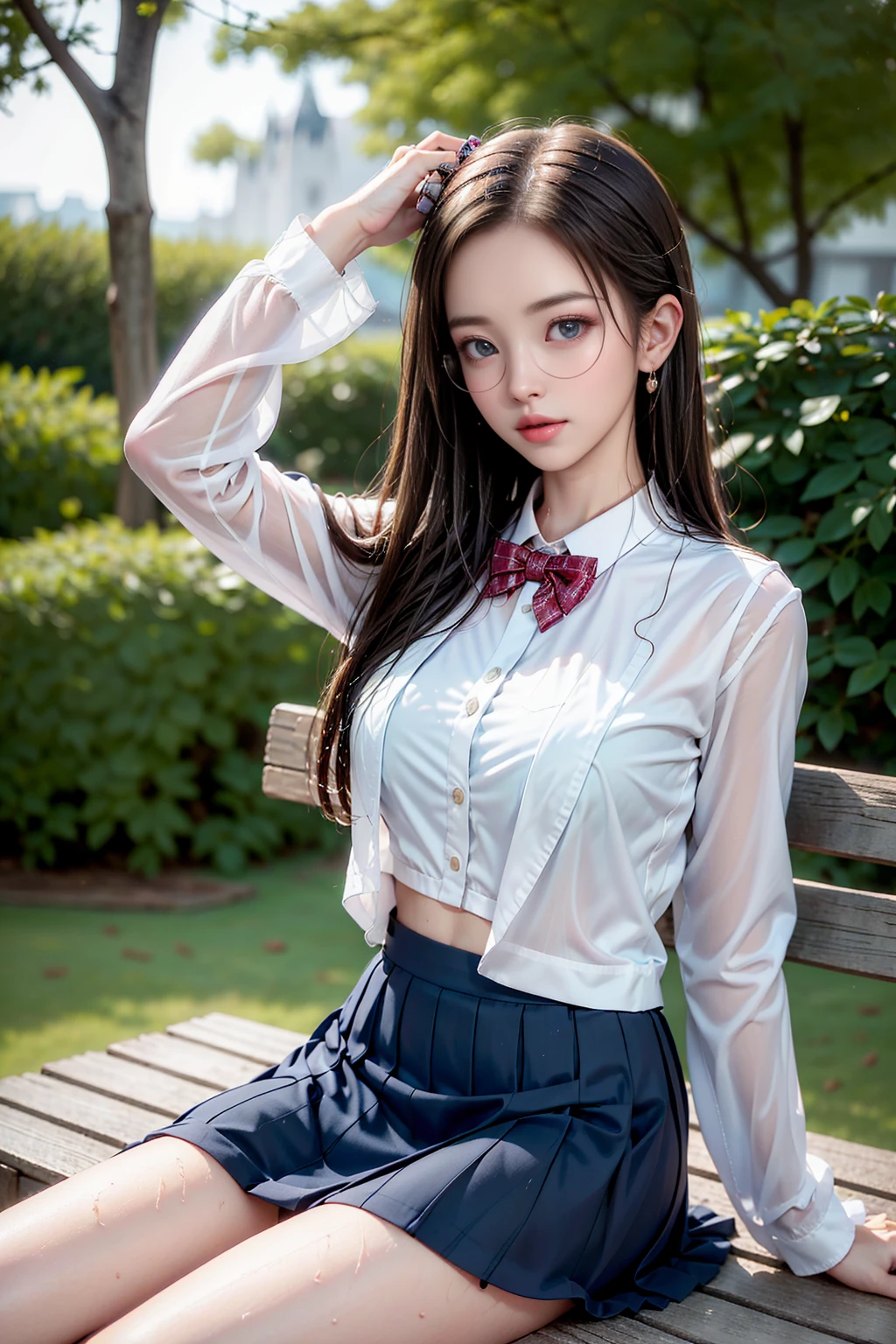 ((A girl sitting on a park bench after the rain))、Highest qualityの作品、Actual work、Ultra Premium Graphics、8K HD CG Works、High quality graphics、High-definition CG works、10x pixels、Very fineディテール:1.1、Advanced technical details:1.1 Photorealistic、Natural light:1.5、(Virtual Lighting Effects:1.8),(Wet long hair)((Eyes closed)),Thin eyebrows,High nose,Clean red lips,Rose Cheeks,Subtle makeup face,Cute face,Perfectly balanced face,A light-toned foundation enhances the clarity of your skin.。 ((high school girl)),((Wet white blazer)),((Translucent wet white blouse、Red bow tie、Navy blue checked skirt)). 40k, photograph, , Highest quality, Rain Background, ((1 gorgeous wet light haired girl、She has a beautiful face and、Wear glasses, ))。White skin, Mr.々A pose. ((Medium sized chest,:1.1)), Highest quality, Ultra-high resolution, (Real:1.4), RAWphotograph, (Perfect figure), Slim abdomen, perfect slim figure, Dynamic Pose, on its own, Cold light source 12000K, 顔と肌の質感がVery fine, Fine grain, Realな目, Fine grain子が美しい, (Real肌), charm, Ultra-high resolution, Surreal, Very fine, ((She's wet))、