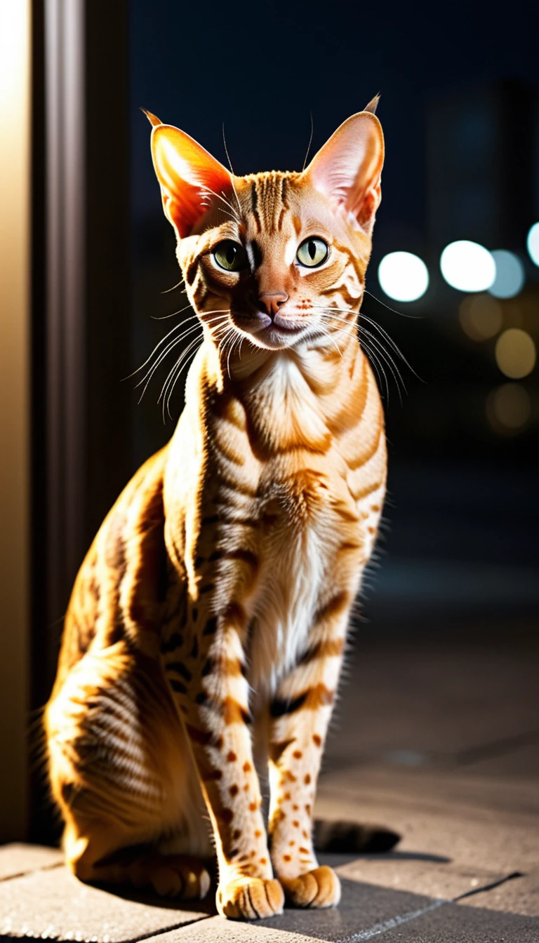 There is no one, realistic photo, photo realism, realism, Ocicat (Ocicat) cat, perfect composition, intricate details, Very sharp, masterpiece, profile, high resolution, looking at the viewer, full body photo in city night view