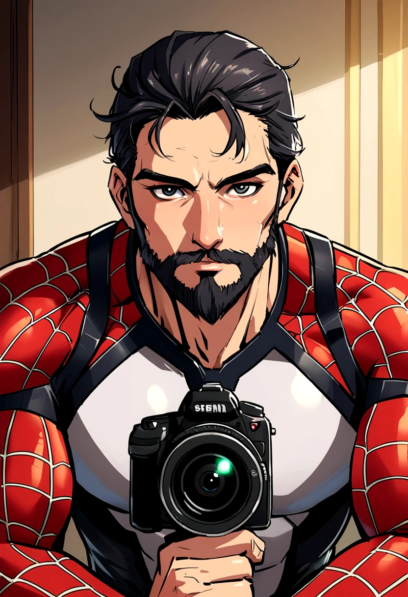 Attractive 30 year old man, Spiderman Suit,Spider-Man pose, A Thousand Morals, Dick Out, Nice beard , Executive Sexy Man, So, Terno, Front Camera Focus, Portrait Mode, Straight in front of the camera