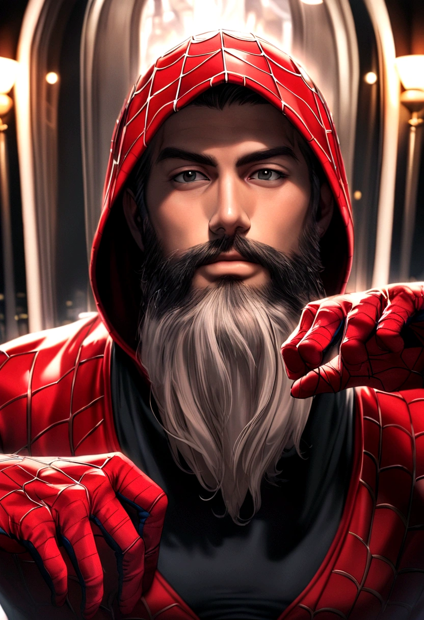 Attractive 30 year old man, Spiderman Suit,Spider-Man pose, A Thousand Morals, Dick Out, Nice beard , Executive Sexy Man, So, Terno, Front Camera Focus, Portrait Mode, Straight in front of the camera
