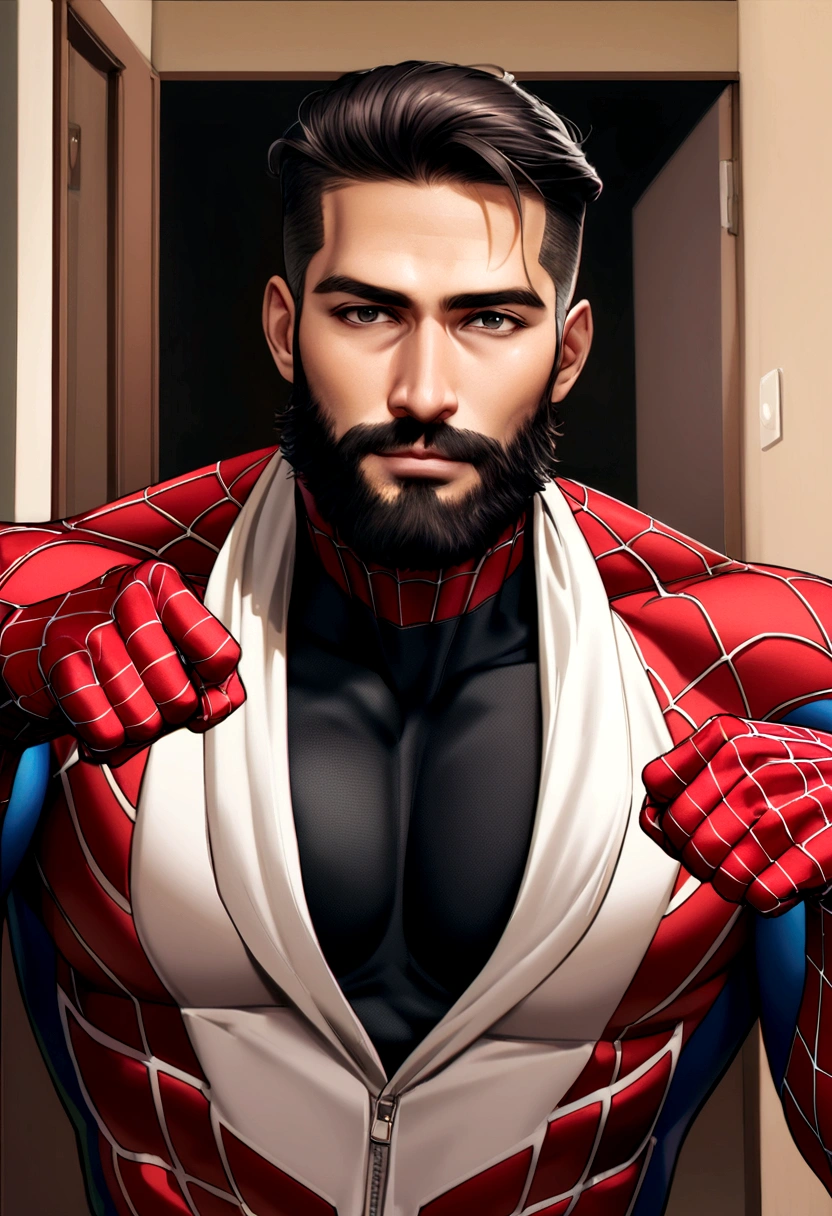 Attractive 30 year old man, Spiderman Suit,Spider-Man pose, A Thousand Morals, Dick Out, Nice beard , Executive Sexy Man, So, Terno, Front Camera Focus, Portrait Mode, Straight in front of the camera